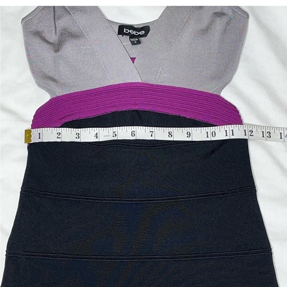 Bebe Bandage Colorblock Plunge Cut Out Mini Dress Gray Purple Black M Cocktail - Picture 12 of 16
